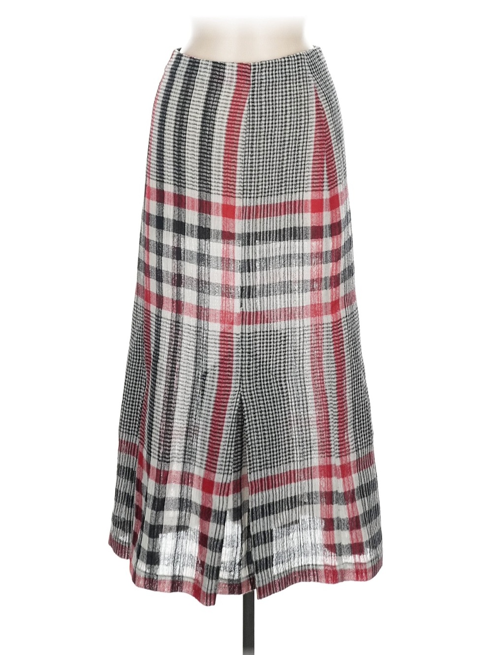 Norma Kamali Silver Black Red Plaid Pleated Flared Skirt 8